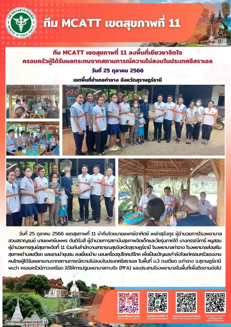 ทีม MCATT เขตสุขภาพที่ 11 ลงพื้นที่เยียวยาจิตใจครอบครัวผู้ได้รับผลกระทบจากสถานการณ์ความไม่สงบในประเทศอิสราเอล อำเภอท่าฉาง จังหวัดสุราษฎร์ธานี วันที่ 25 ตุลาคม 2566